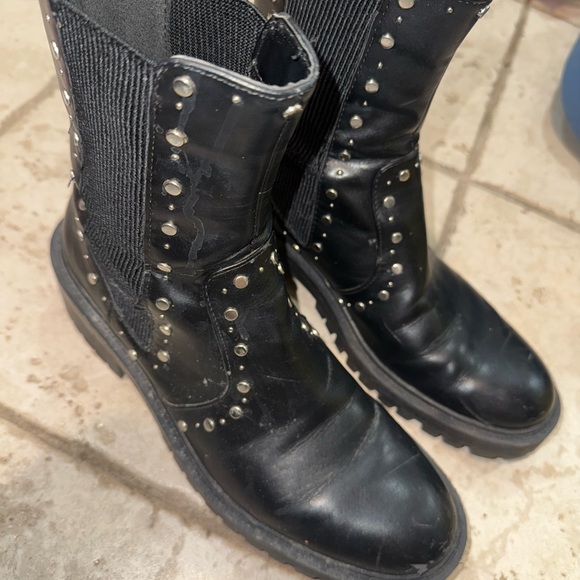 Zara Black Leather Combat Boots with Silver Accents - Picture 1 of 5